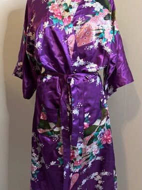 AVID LOVE Purple Satin Peacock Kimono Robe Cherry Blossom Loungewear SIZE XL